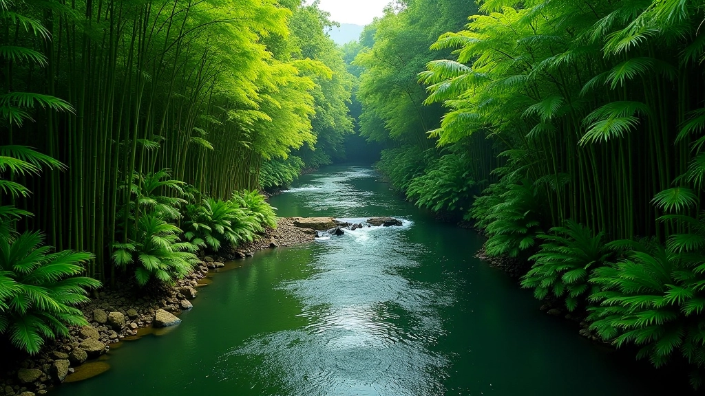Paisaje natural preservado del bosque de bambú y Río Mameyes