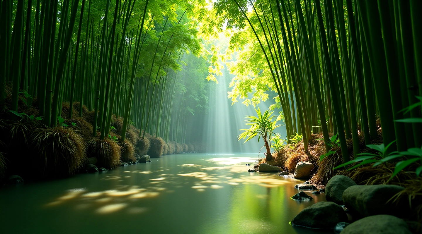 Denso bosque de bambú con luz filtrada entre las hojas verdes, mostrando la vegetación tropical del río Mameyes