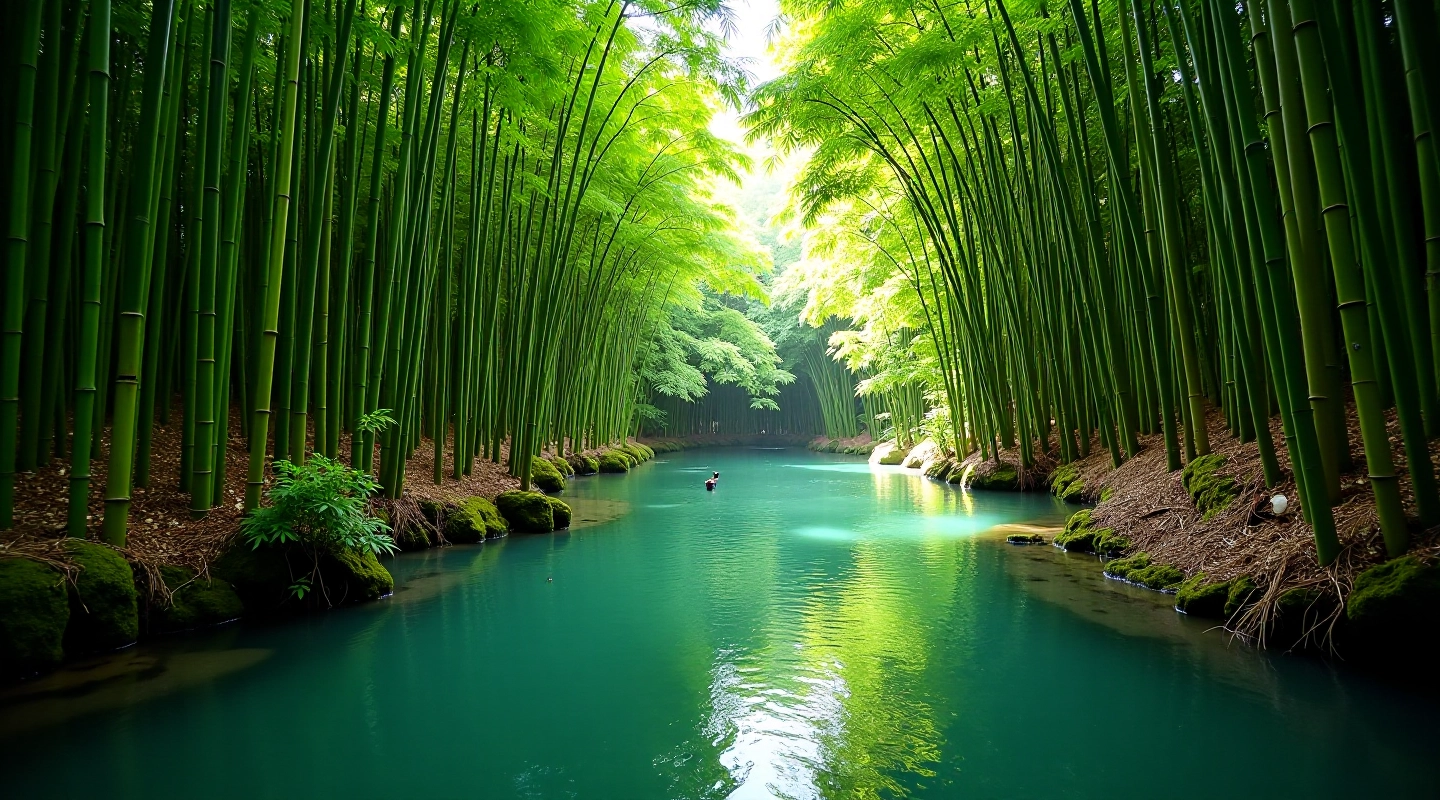 Bosque de bambú verde y pozas de agua cristalina del Río Mameyes en Luquillo, Puerto Rico